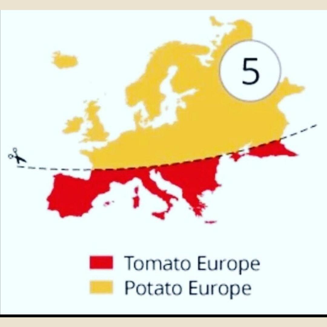 Shows where in Europe potatoes and tomatoes are more popular