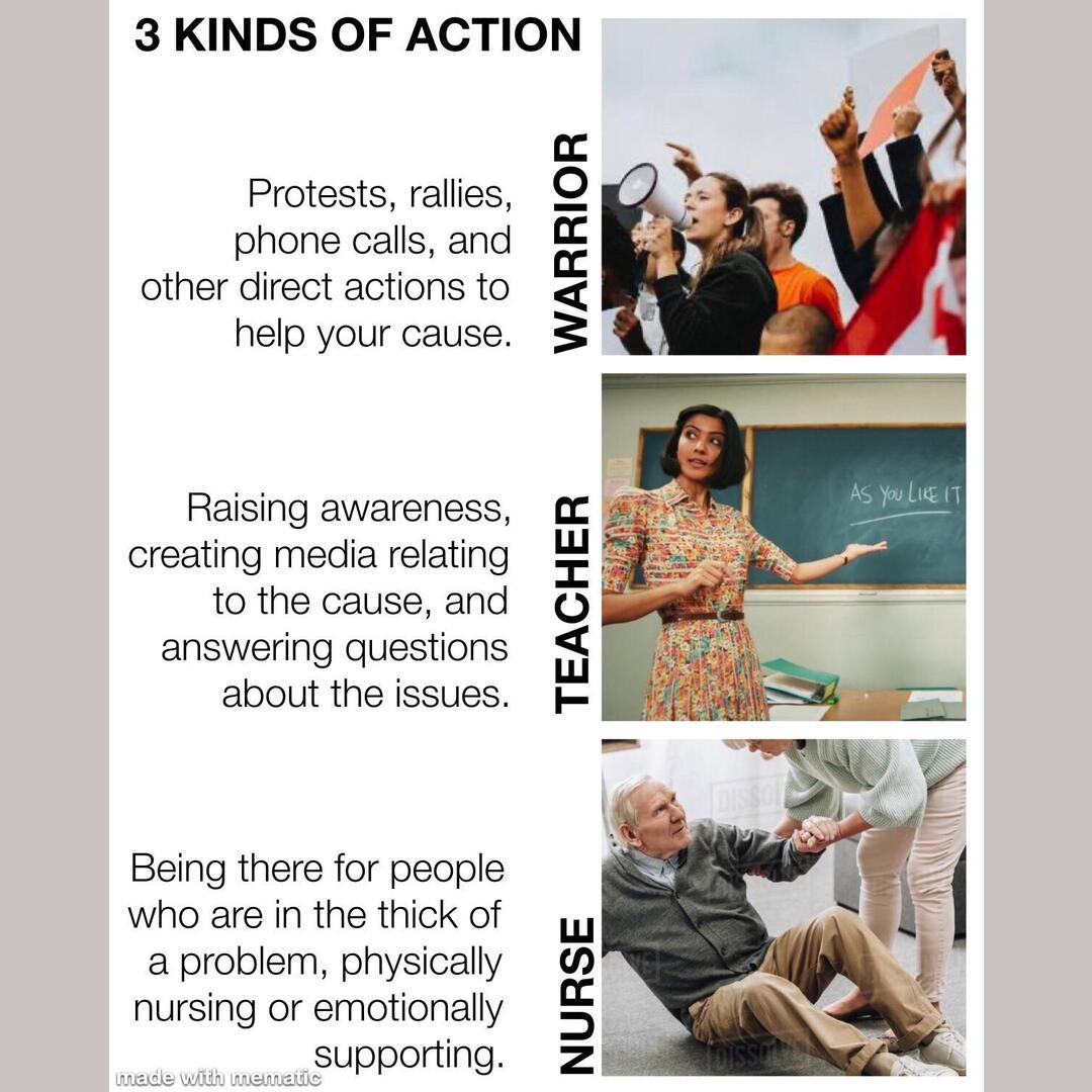 This is how I like to think of action. I’ve been meaning to make an illustration/graphic about it, but this’ll do for now. I think it’s relevant rn to know that there’s more than one way to help