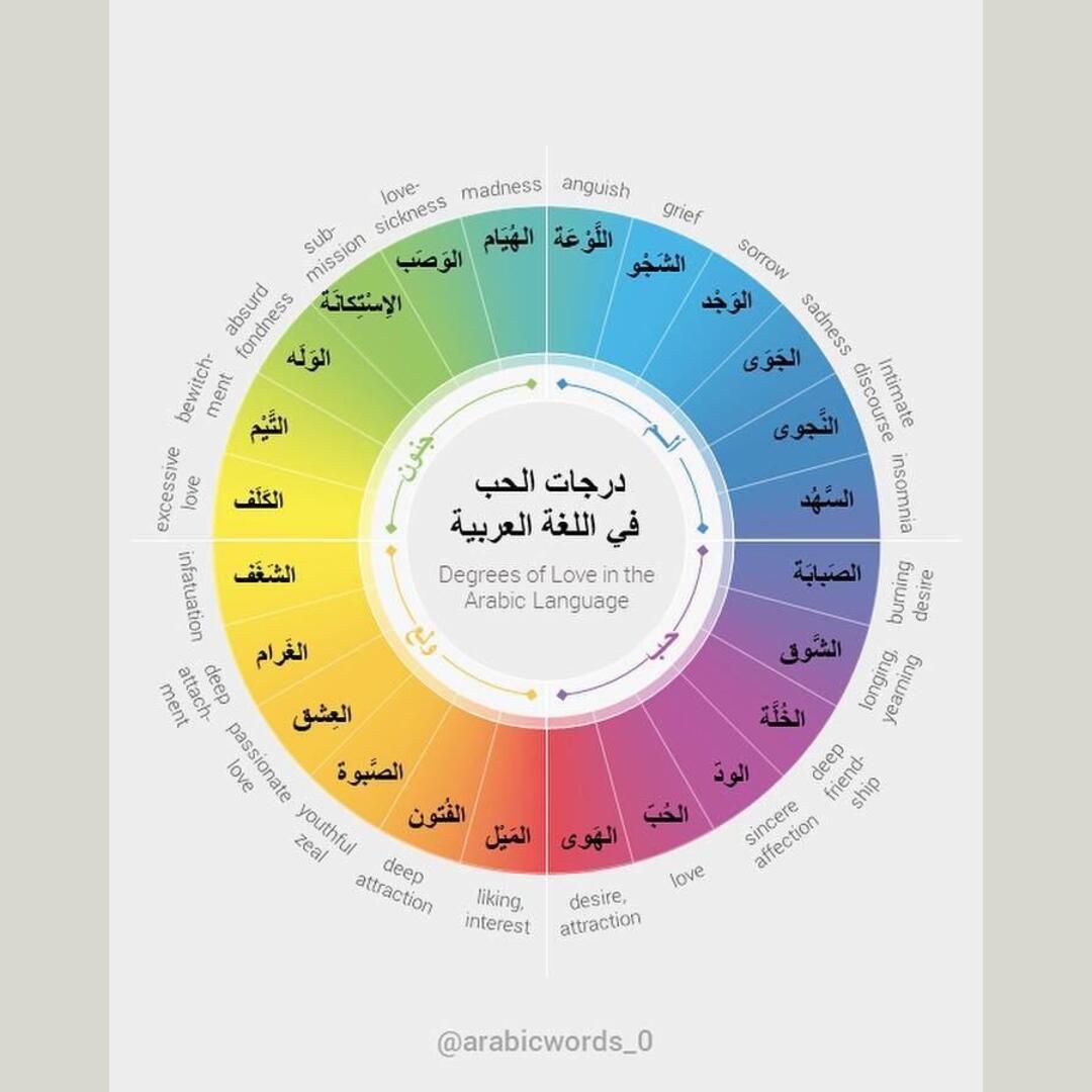 Types of love according to arabic vocabulary. Blue is love+pain, purple is pure love, yellow is love+fondness and green is love to the point of insanity