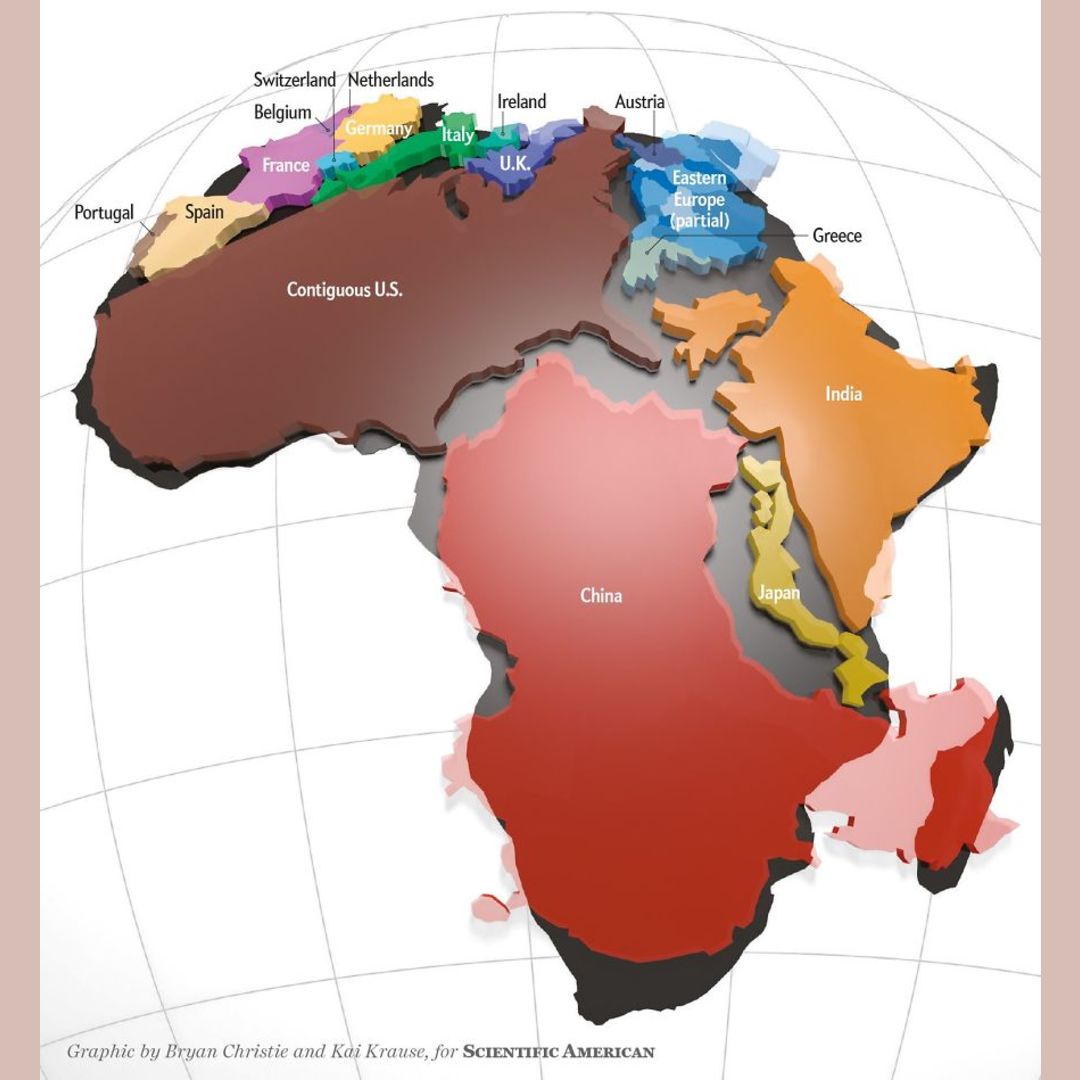 The real size of Africa. Many people are shocked when they see the real size of Africa. That is because the most commonly used map of the world (Mercator projection) dated from the 16th century features a wildly distorted size of this continent.