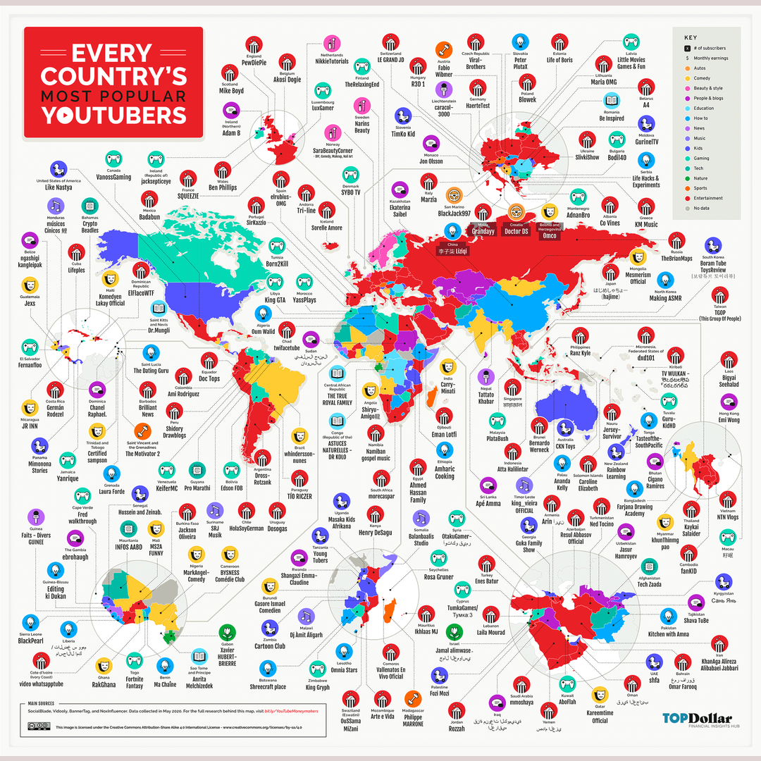Most popular YouTuber per country x-post r/mapporn