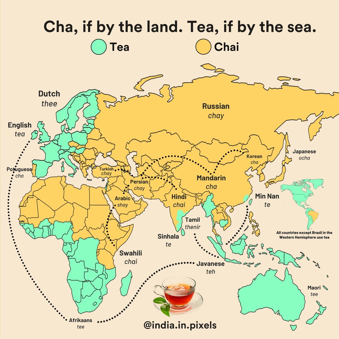 The countries that got tea via China through the Silk Road (land) referred to it in various forms of the word cha . On the other hand, the countries that traded with China via sea through the Min Tan port called it in different forms of te . ( Credit : India in Pixels )