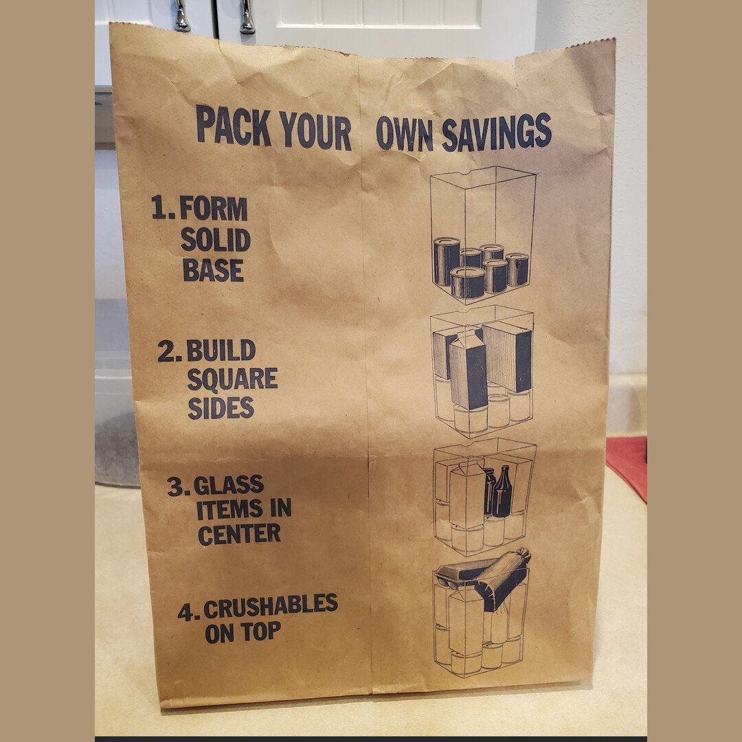 This grocery bag tells you how to pack things.