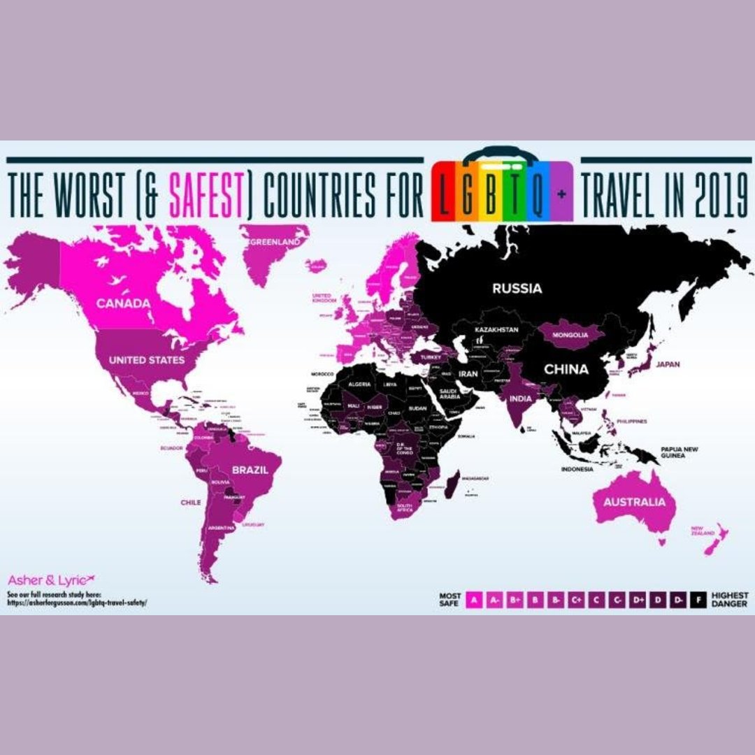 Map showing safest to worst countries for LGBTQ travel