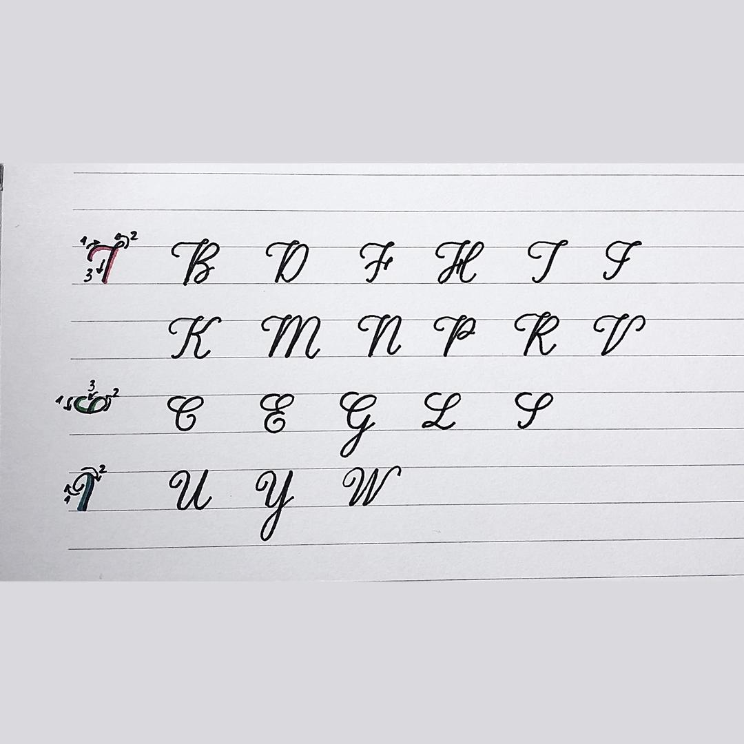I’m experimenting to construct an easy instruction on how to write the cursive uppercase letters by grouping them according to basic strokes.